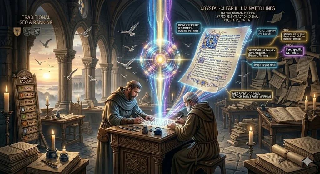 Monks in a cathedral studying a glowing orb and a map, a picture of what sets an SEO price