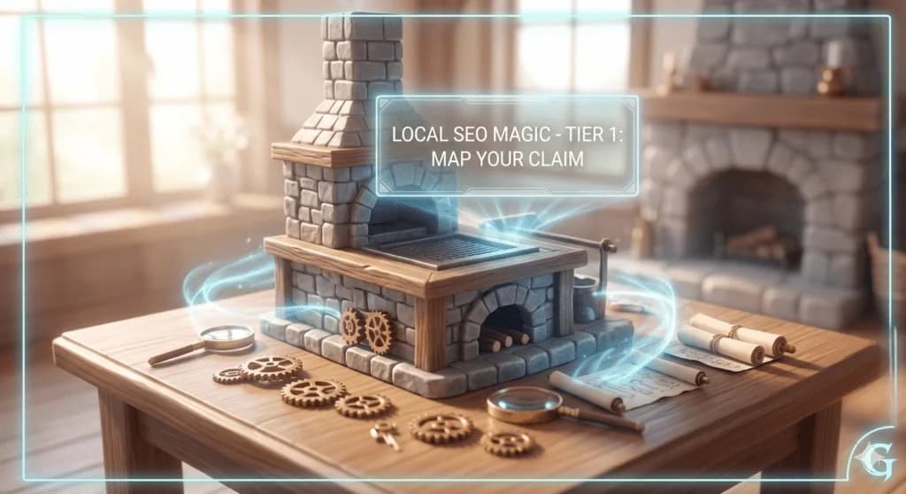 This is a detailed fantasy miniature scene set inside a cozy, stone and wood artisan workshop, visualization for a Small Business SEO guide. The image uses a light and ethereal blue-teal color palette. In the foreground on a polished wooden table sits a small, complex model of a medieval forge, constructed of light-colored stone and timber, glowing with internal blue light. A magnifying glass rests beside miniature gears and a tiny, rolled scroll labeled 'Claim.' A holographic, translucent interface panel floats above the forge, displaying the glowing white text: 'LOCAL SEO MAGIC - TIER 1: MAP YOUR CLAIM.' The background features a soft-focus stone hearth and a blurred window that fills the space with soft, natural light, all framed by a subtle, glowing teal border.