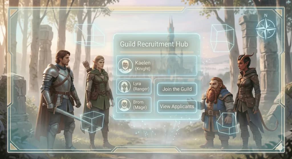 An eye-level photograph of a diverse fantasy adventuring party (knight, elf ranger, mage) gathered around a shimmering, holographic interface in a forest clearing at dusk, presenting the Website Experience. The overlay, using light cyan and silver tones, displays a modern grid layout of player profiles, class icons, and a prominent call-to-action button that reads: 'Join the Guild.' The lighting is magical and clean.