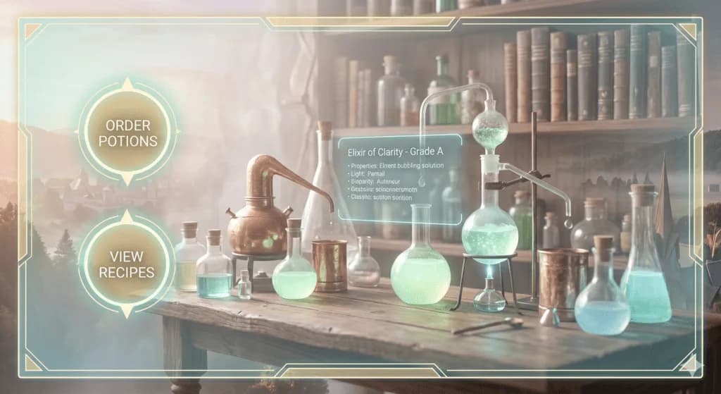 A soft-focus close-up of an alchemist's workspace bathed in light, defining the core Website Experience. Shelves of glowing potions and aged scrolls are framed by a clean, geometric digital border. Interactive UI elements in gold and teal float near glass vials, labeled 'Order Potions' and 'View Recipes,' integrating seamlessly with the magical atmosphere.