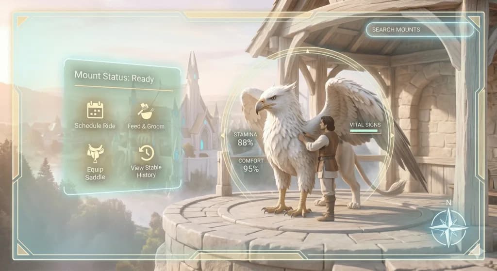 A luminous, wide photograph showing a stable hand tending a white gryphon at a clean, open-air mount station. This interaction anchors the Website Experience. Floating digital menus, rendered in light green and cream, circle the gryphon. One panel displays 'Mount Status: Ready,' with actionable icons for 'Schedule Ride' and 'Feed & Groom.' The atmosphere is airy and ethereal.