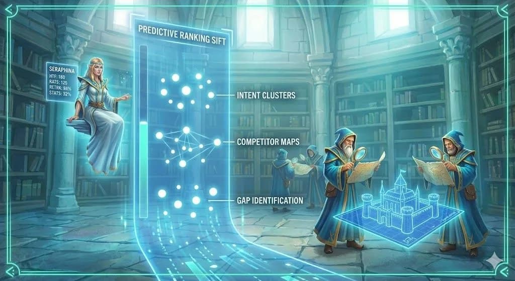 Fantasy miniature workshop scene in blue and teal. A glowing, small model forge sits on a wooden table with gears and a scroll labeled 'Claim'. Above it, a holographic panel shows 'LOCAL SEO MAGIC - TIER 1: MAP YOUR CLAIM.' This visualizes a Small Business SEO guide.