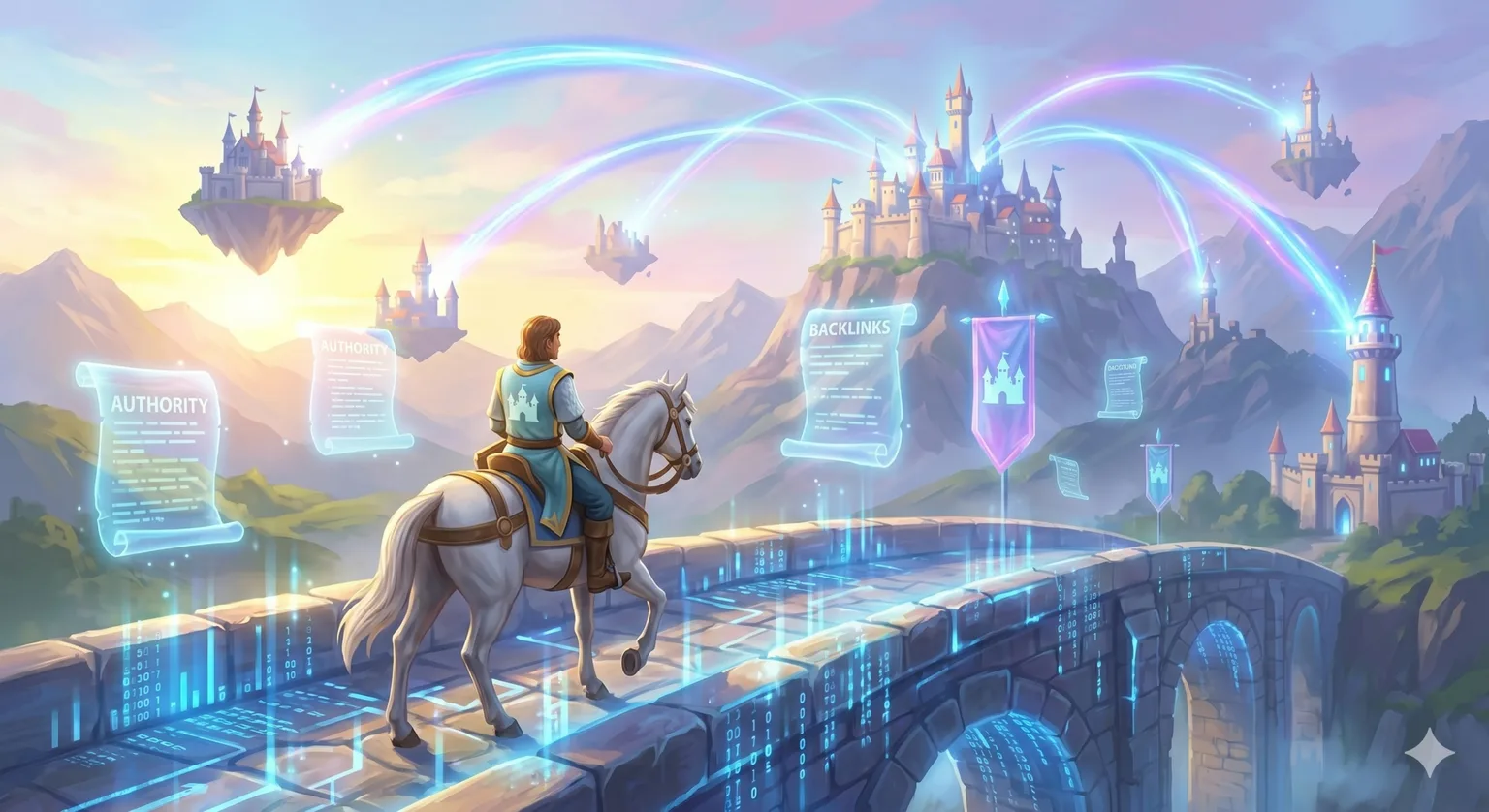 A mounted knight messenger, holding a banner with a stylized castle icon (matching image_1.png), rides across a bright, temperate landscape. He crosses an ancient stone bridge illuminated by a glowing blue digital data stream. In the distance, multiple brightly lit fantasy citadels are linked by arcing, vibrant blue and purple digital light pathways, symbolizing a network. The entire scene is bathed in bright, soft light. Symbolizing SEO strategy