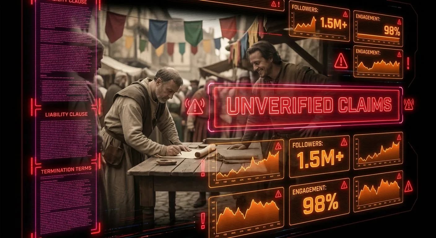 A neon holographic warning dashboard filling the frame — neon red UNVERIFIED CLAIMS banner, neon orange inflated metrics panels with alert icons, neon magenta fine-print contract highlights — with a softly blurred medieval town fair contract-signing scene visible behind the glowing panels