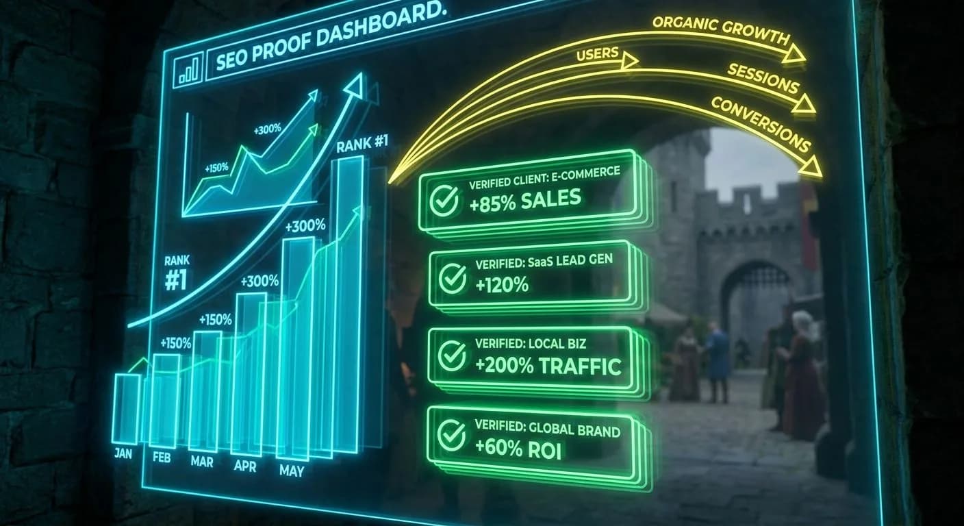 A neon holographic SEO proof dashboard filling the frame — neon cyan ranking charts, neon green verified client outcome cards, neon yellow traffic growth lines — with a softly blurred medieval castle courtyard showing a craftsman, merchant, and lord visible behind the glowing panels