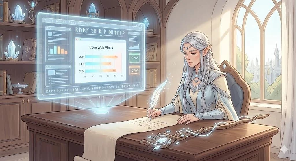 An elven mage in elegant, light-colored robes, a staff in hand, sits at a desk in a wooden study. In front of her, a computer monitor projects swirling magical diagrams and text in glowing runic script. One pane on the screen shows a graphical representation of the user's Core Web Vitals score, with small, illuminated "CWV" indicators.
