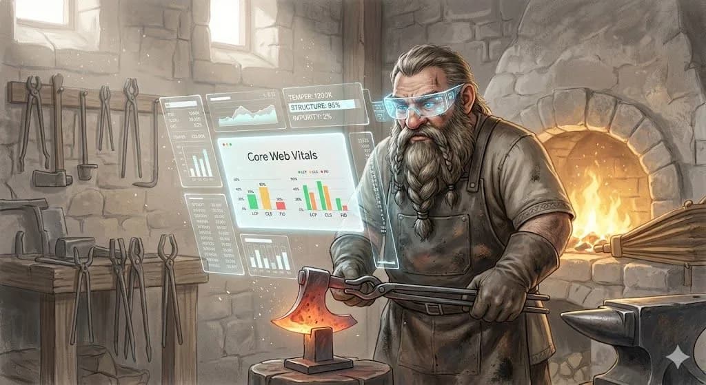 A sturdy dwarven blacksmith, covered in soot, wears a sleek pair of augmented reality (AR) glasses as he works at an anvil. He holds a glowing, newly forged sword. A transparent AR overlay above the sword displays real-time performance metrics in a pale cyan font, including a section detailing "Core Web Vitals" with the data displayed as percentage scores.