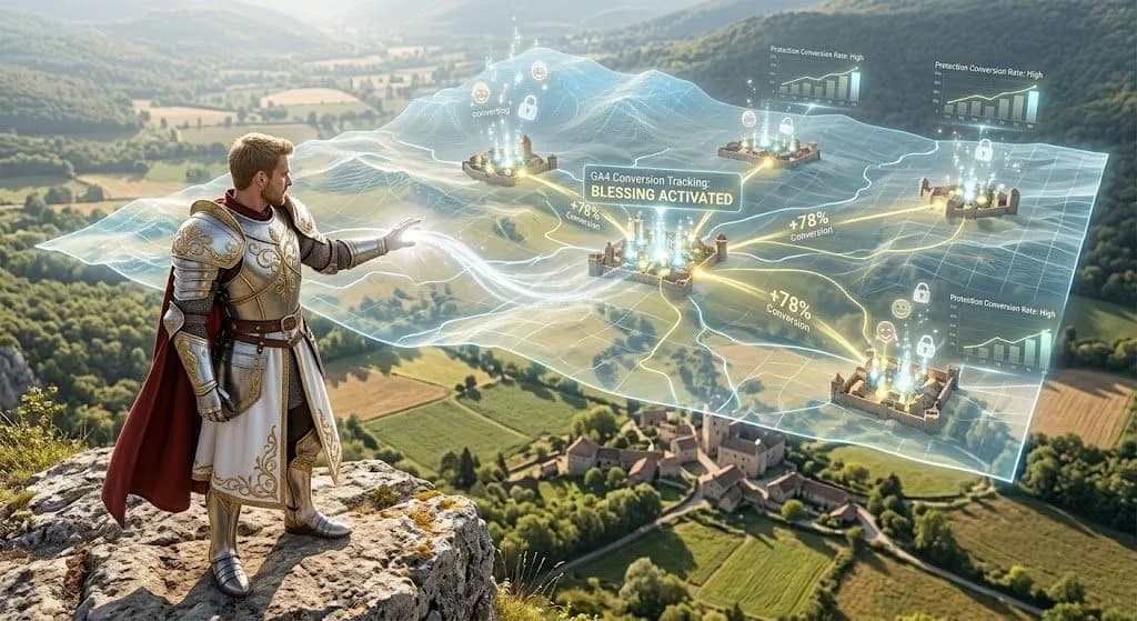 A high-fantasy paladin creates a glowing digital overlay on a sunny valley, where clear GA4 conversion tracking visualizers display real-time data for each successfully blessed settlement.