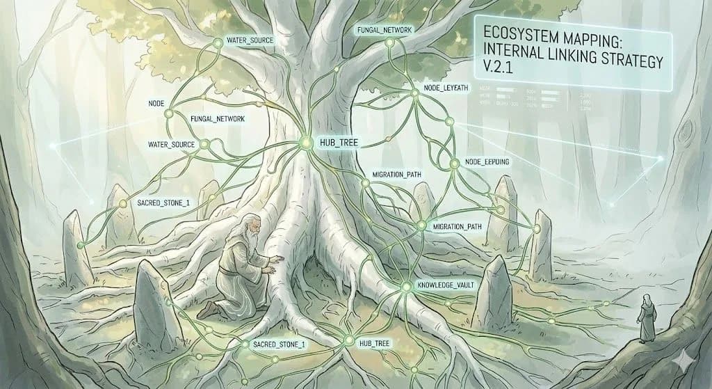 A digital art piece with a soft, ethereal light and pale color palette, showing a Druid in a mystical, foggy forest. A modern, glowing digital overlay traces a glowing green, root-like network through the trees, visualizing the interconnected ecosystem or a complex internal linking strategy for managing knowledge and resources.