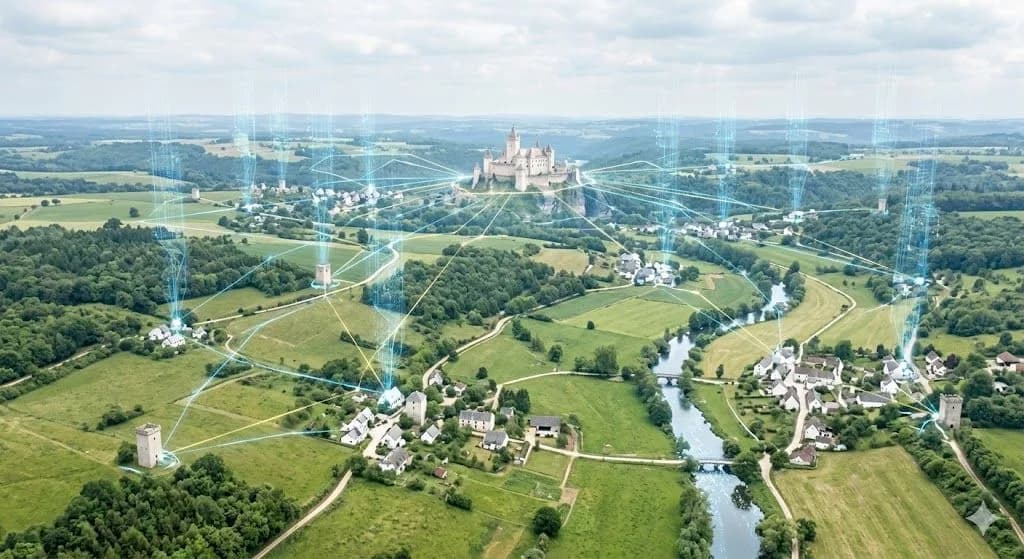 A wide-angle landscape shot of a medieval fantasy valley and a castle under a pale sky, seen with a faint blue modern digital overlay showing connected lines between different villages and the castle, visualizing a link building network across the terrain.