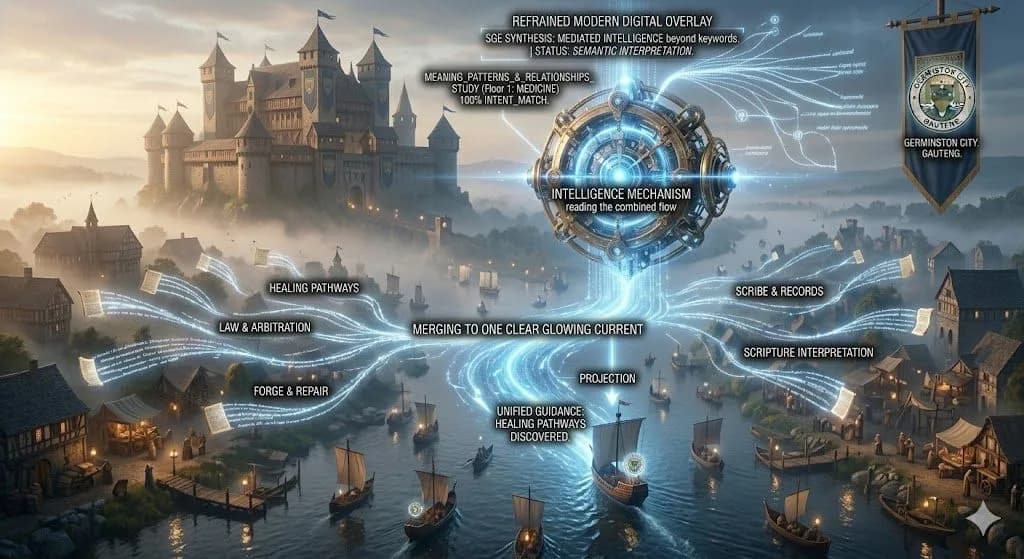 River confluence illustration depicting local citation building as connected signals merging into one unified trust pathway for Germiston City, Gauteng