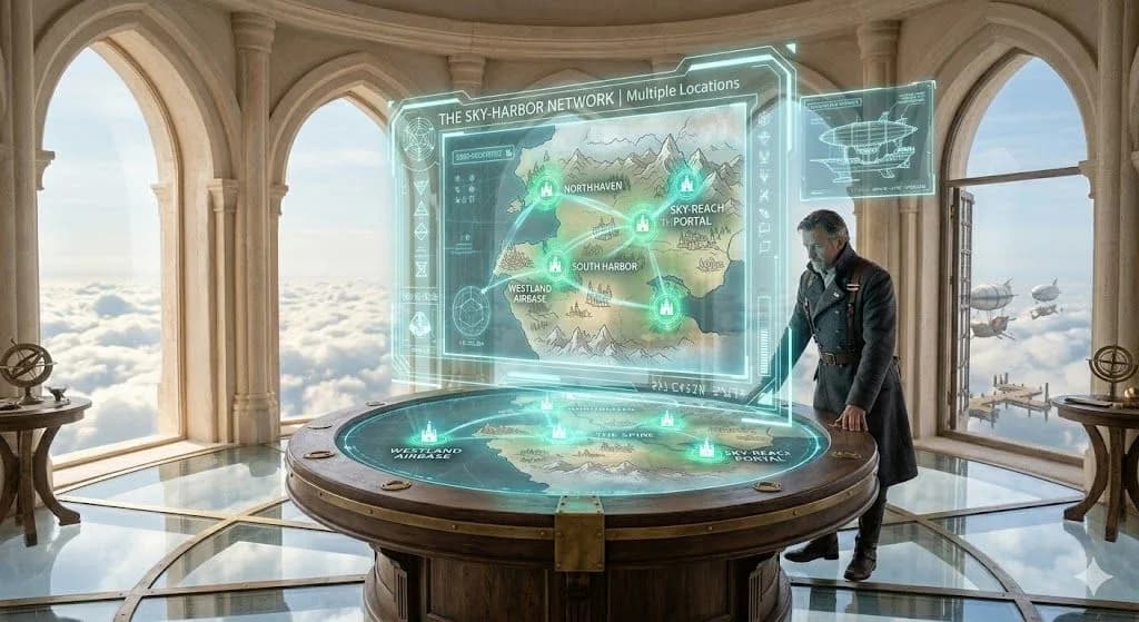 A high-altitude fantasy map room with light blue and grey color scheme, featuring a large circular table where complex cyan and white digital schematics overlay a medieval map, pointing to a network of different sky-ports. Optimized for local SEO for multiple locations.