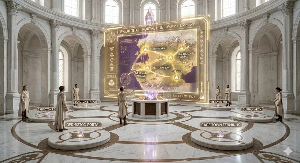 A grand, circular fantasy guildhall hall made of white marble. A massive, central crystal spire projects a large, shimmering golden and purple digital map displaying several activated, interconnected teleportation portals across the realm, perfect for displaying a network of physical storefronts for local SEO for multiple locations.