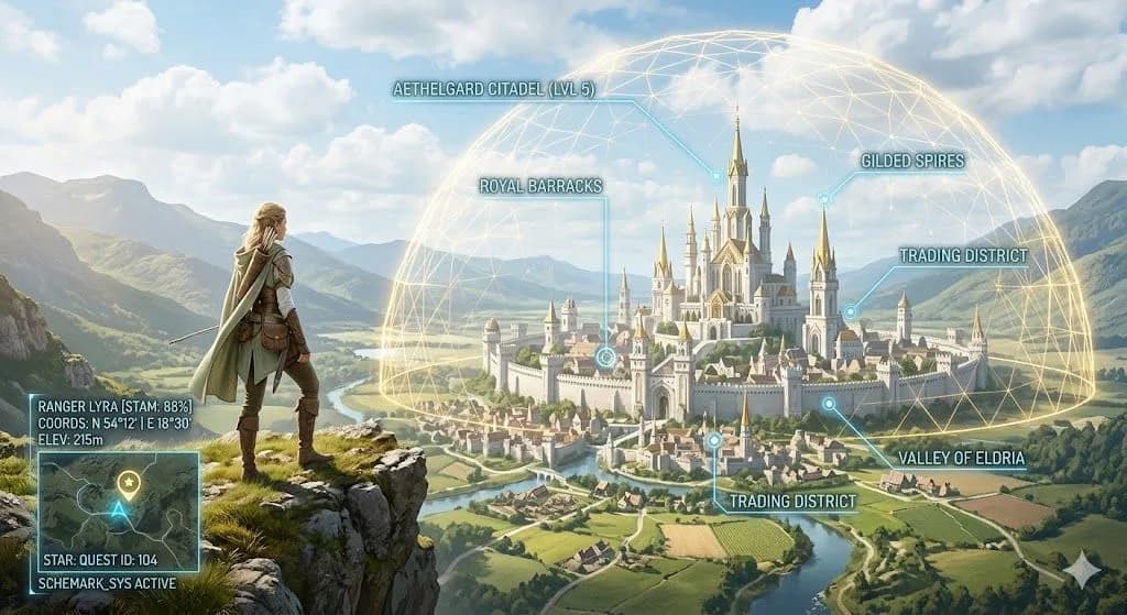 A high-fantasy view of a medieval kingdom, heavily overlaid with bright blue and white digital schema markup annotations, data points, and glowing wireframes defining the magical parameters of the city below.