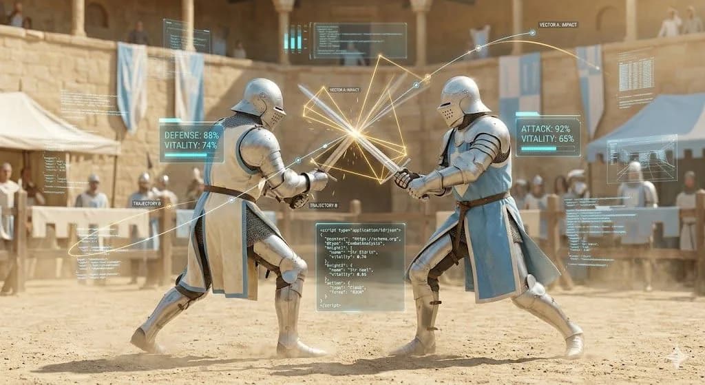 Two knights in light silver and cream armor engaged in a duel, captured with a detailed, floating digital schema markup overlay displaying combat stats, defensive percentages, and glowing trajectory analyses in soft blue and white light.