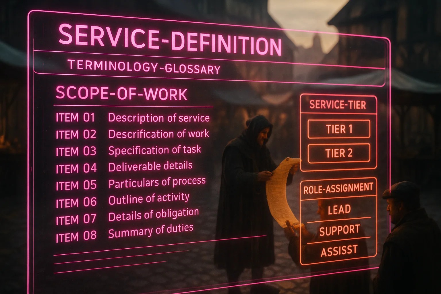 A neon magenta and orange holographic service-definition dashboard fills the frame in sharp focus while a blurred medieval market square vendor shows merchants a trade agreement in the background.