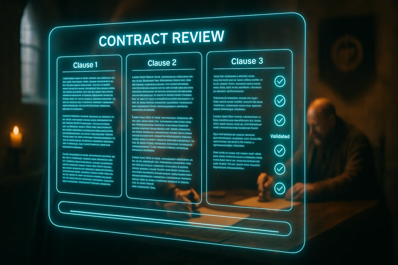 A neon holographic SEO contract review dashboard glows in sharp detail over a softly blurred medieval guild hall where a scribe and merchant seal a parchment agreement.