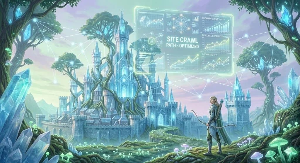 First Month SEO optimization of a digital forest data map. A ranger analyzes a large, transparent network overlay in a medieval fantasy world with light green and blue accents.