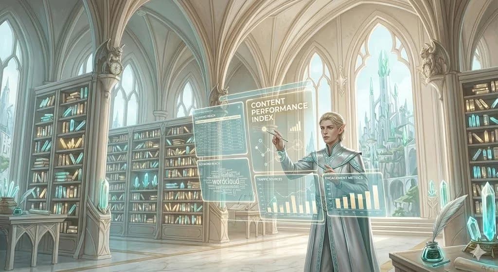 First Month SEO analysis in a grand fantasy library. An archivist studies a floating terminal showing content data and keywords in light cyan and white.