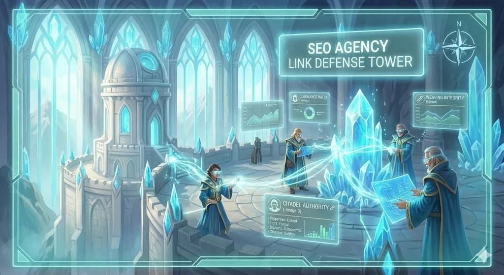 Wizards in a tower managing glowing seo agency link defense data.
