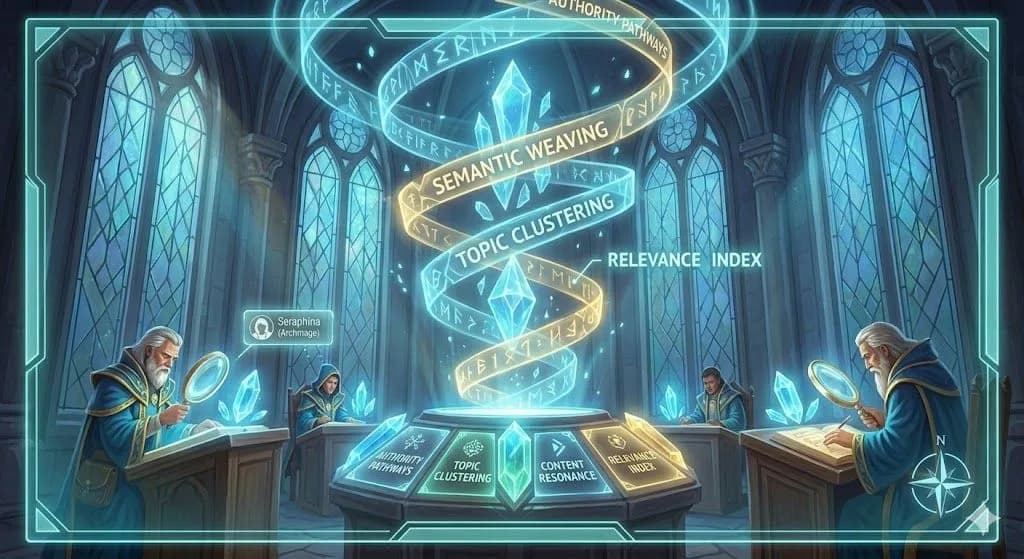 Wizards surrounding an seo agency altar with glowing authority pathways.