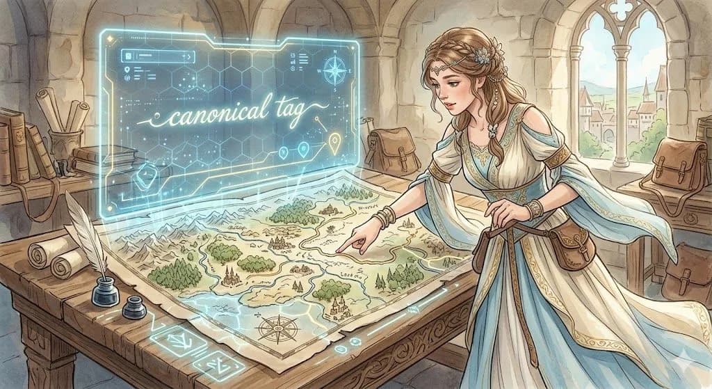 A digital art piece with a light, airy color palette (sky blues, cream, soft greens, gold accents). It depicts a woman (canonical tag) in a flowing, medieval-style dress, tracing paths on a large, intricately rendered medieval map. The map is overlaid with a shimmering, glowing digital grid and UI, resembling an interactive screen, where the phrase 'canonical tag' appears in stylized script within the digital interface. The style is a blend of traditional fantasy illustration and sleek modern digital design.