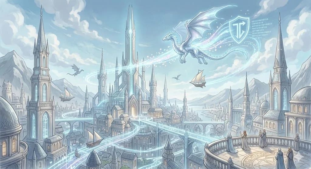 A captivating digital landscape with a light color palette (silvers, whites, light grays, pale blues). The image shows a medieval fantasy city with tall, elegant spires that look like they're partially constructed from data. Interwoven with the medieval architecture are sleek, glowing digital pathways and holographic structures. Flying through the sky is a majestic dragon (canonical tag), and its path is marked by a trail of glowing particles, forming a visible "canonical tag" pattern. The overall feel is one of magic seamlessly integrated with advanced digital technology.