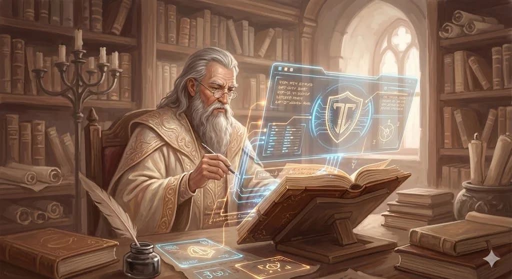 An atmospheric digital painting rendered in soft, warm, light colors (cream, beige, peach, pale orange). The image depicts an elderly scholar or wizard (canonical tag) in a medieval library. He is looking at an open, ancient-looking book that has a projected digital overlay, showing a glowing "canonical tag" symbol within a sophisticated, translucent user interface. Digital lines connect the book's pages to the UI, illustrating data processing. The background is a gently blurred medieval scriptorium bathed in soft, diffused light.