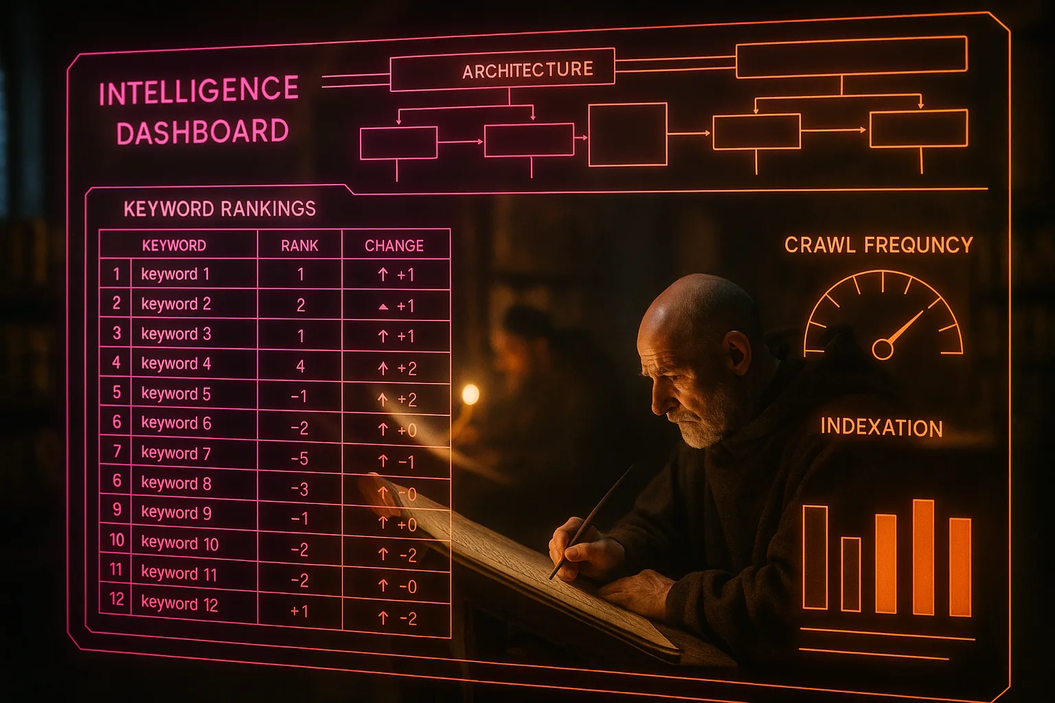 A magenta and orange neon SEO ranking dashboard glows across the frame with a softly blurred medieval scriptorium visible behind it, monks copying manuscripts at their desks.