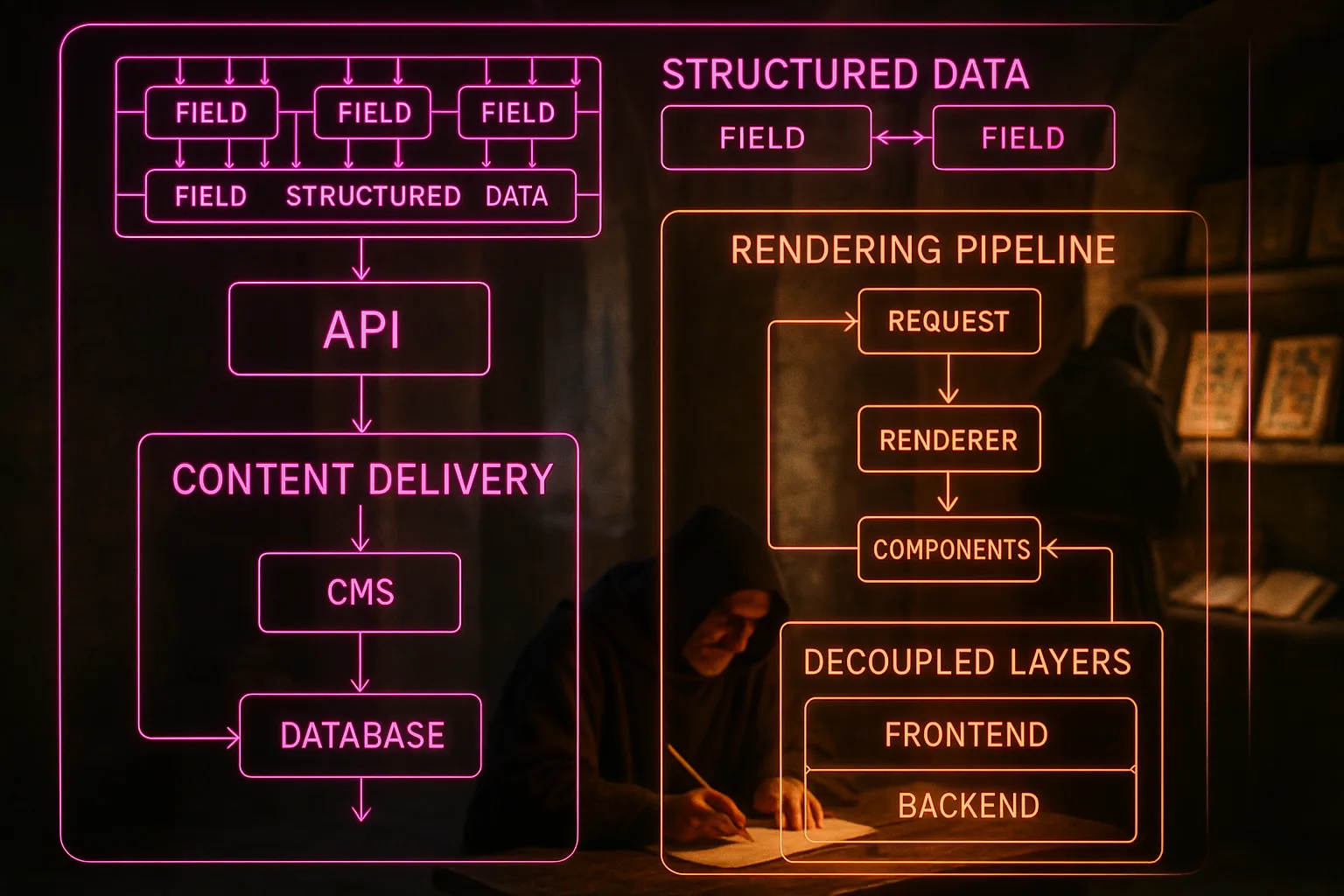 A magenta and orange neon holographic content architecture HUD fills the frame, showing API delivery schemas and rendering pipeline diagrams, with a softly blurred medieval scriptorium visible behind the glowing panels.