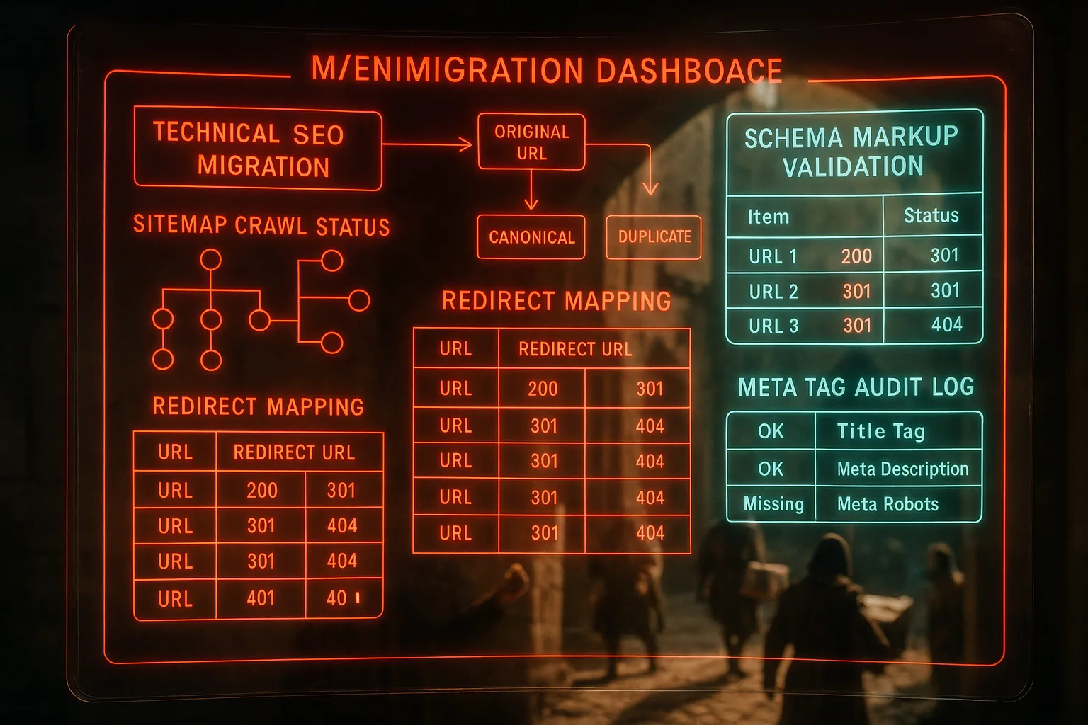 A red and cyan neon holographic technical SEO migration HUD fills the frame displaying sitemap crawl trees, redirect maps, and schema validation panels, with a softly blurred medieval castle courtyard and document-carrying workers visible behind the screens.