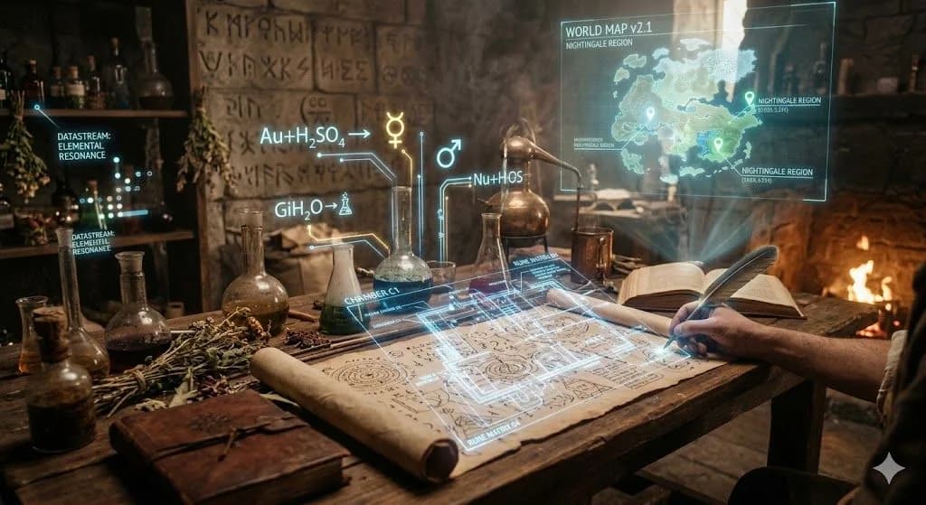 An illustration depicting an alchemist's workspace. Ancient materials blend with futuristic digital visualizations, representing the analytical and precise nature of "local SEO keyword research.