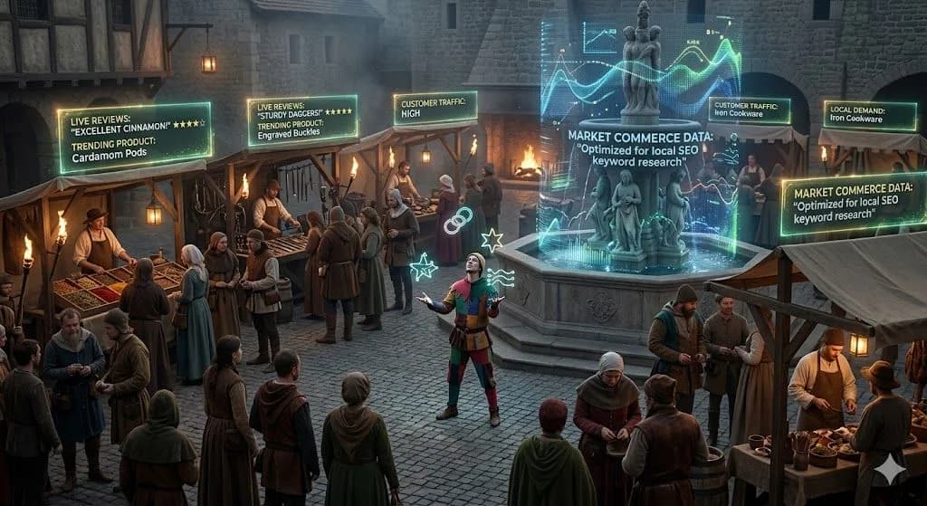 A depiction of a busy medieval market square. Subtle digital overlays, like glowing reviews and search trends floating above stalls, symbolize how "local SEO keyword research" helps businesses connect with customers in a modern, data-driven world, even in a fantasy setting.