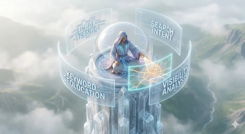 An illustration depicting a robed oracle atop a crystalline spire, using complex, glowing holographic displays to visualize global search data trends for a specific town, representing the geographical focus of "local SEO keyword research."