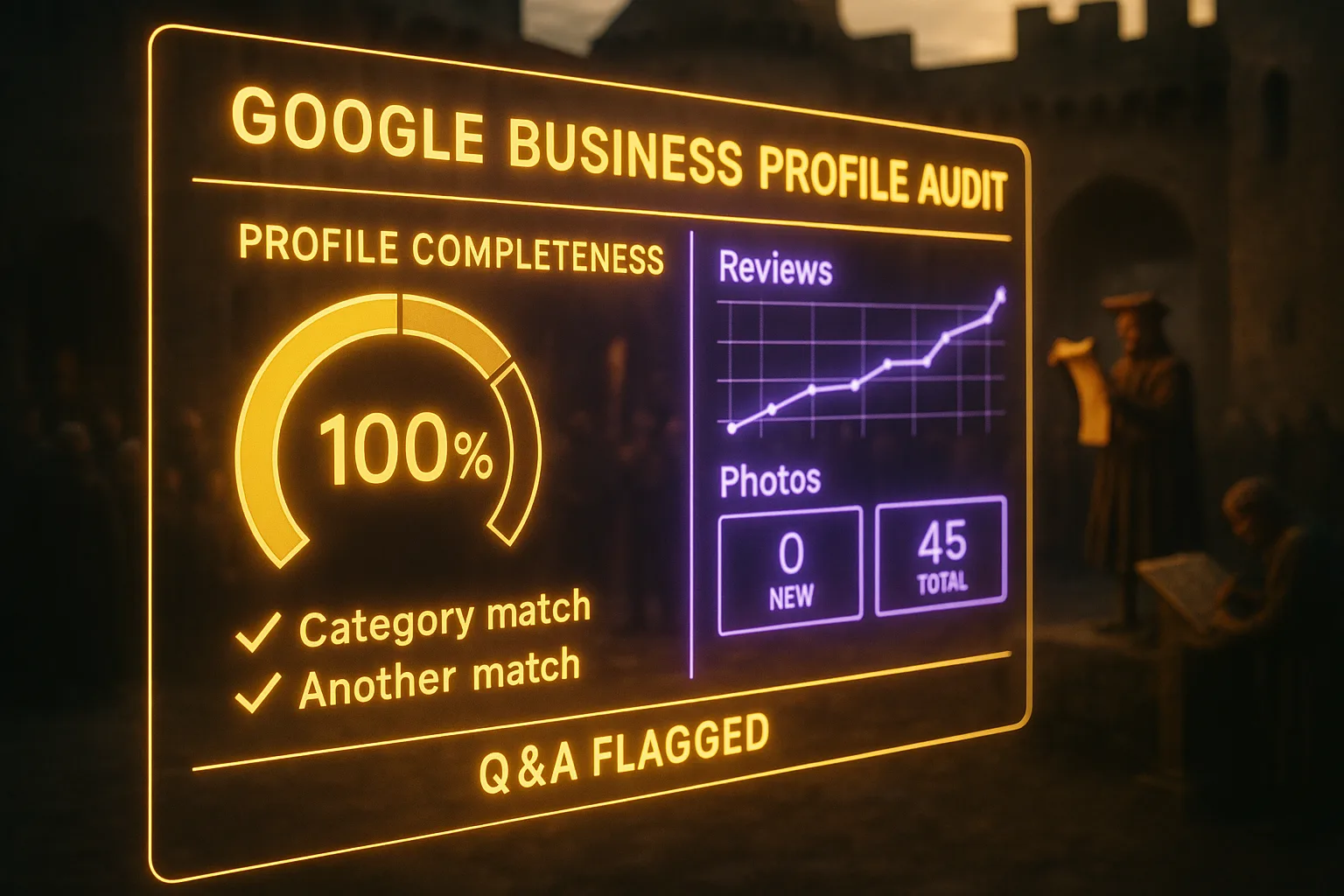 A yellow and purple neon Google Business Profile audit dashboard with completeness gauges and review trend lines dominates the frame, with a softly blurred medieval castle courtyard herald scene behind it.