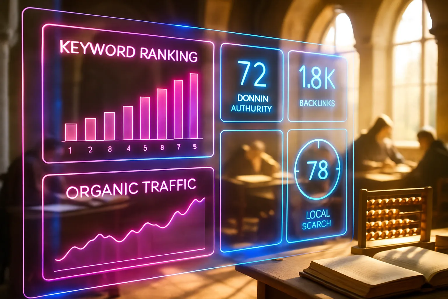 A neon holographic analytics dashboard illustrating accounting firm SEO strategies glowing over a bright daylit medieval counting house with scribes and ledgers.