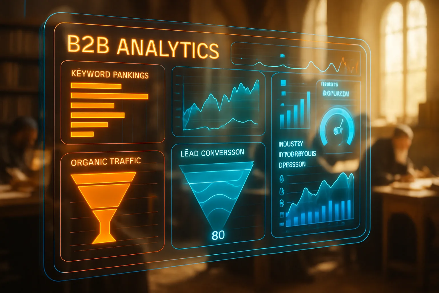 Neon holographic B2B SEO analytics dashboard glowing in orange and cyan over a bright sunlit medieval scriptorium.