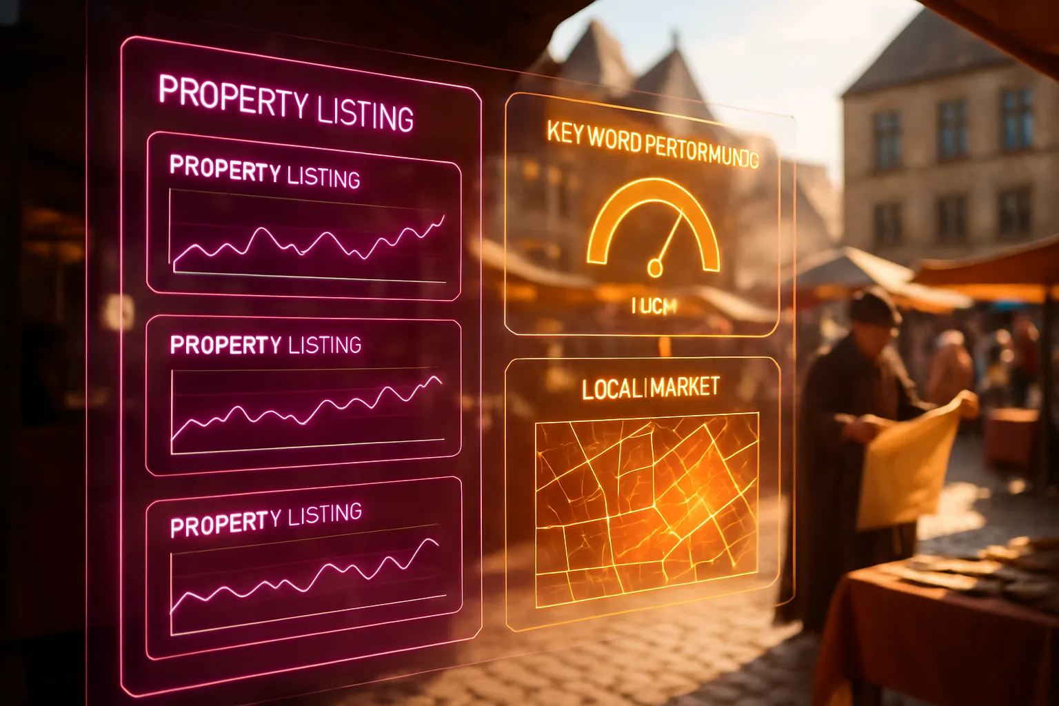 A neon holographic real estate analytics dashboard illustrating estate agent SEO strategies for South African property professionals.