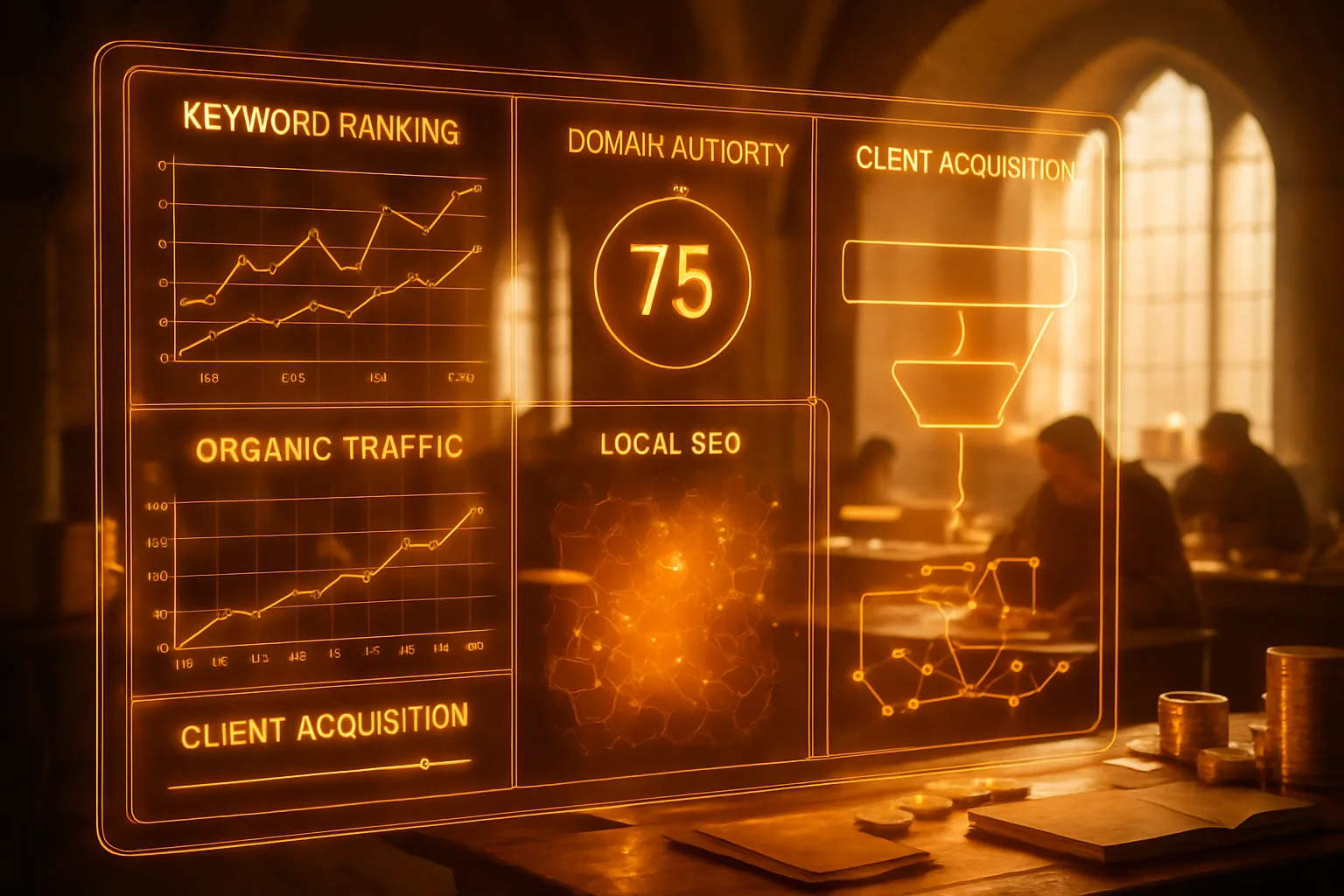 A neon amber-gold holographic SEO dashboard representing financial advisor SEO strategy, glowing over a bright sun-filled medieval royal counting house where clerks weigh gold coins at long tables.