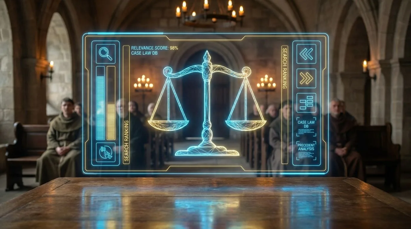 A neon holographic HUD of scales of justice and search rankings glows in electric blue and gold in front of a softly blurred medieval courtroom of robed figures.