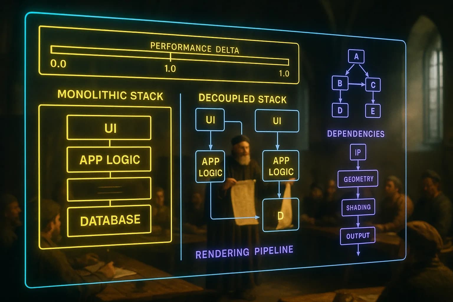 A neon holographic architecture comparison HUD glowing with yellow and purple panels displays split-stack diagrams and rendering pipeline flowcharts above a softly blurred medieval guild hall where a craftsman presents competing blueprints to seated tradespeople.