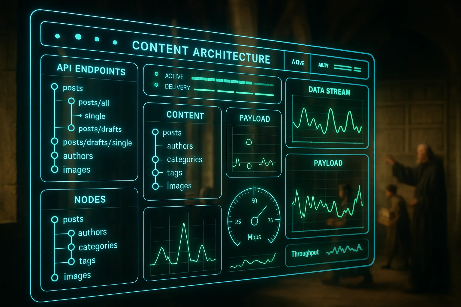 A neon holographic content architecture HUD glowing with cyan and green panels displays API delivery pipelines and content nodes, illustrating how a headless CMS decouples content from presentation to power modern web performance.
