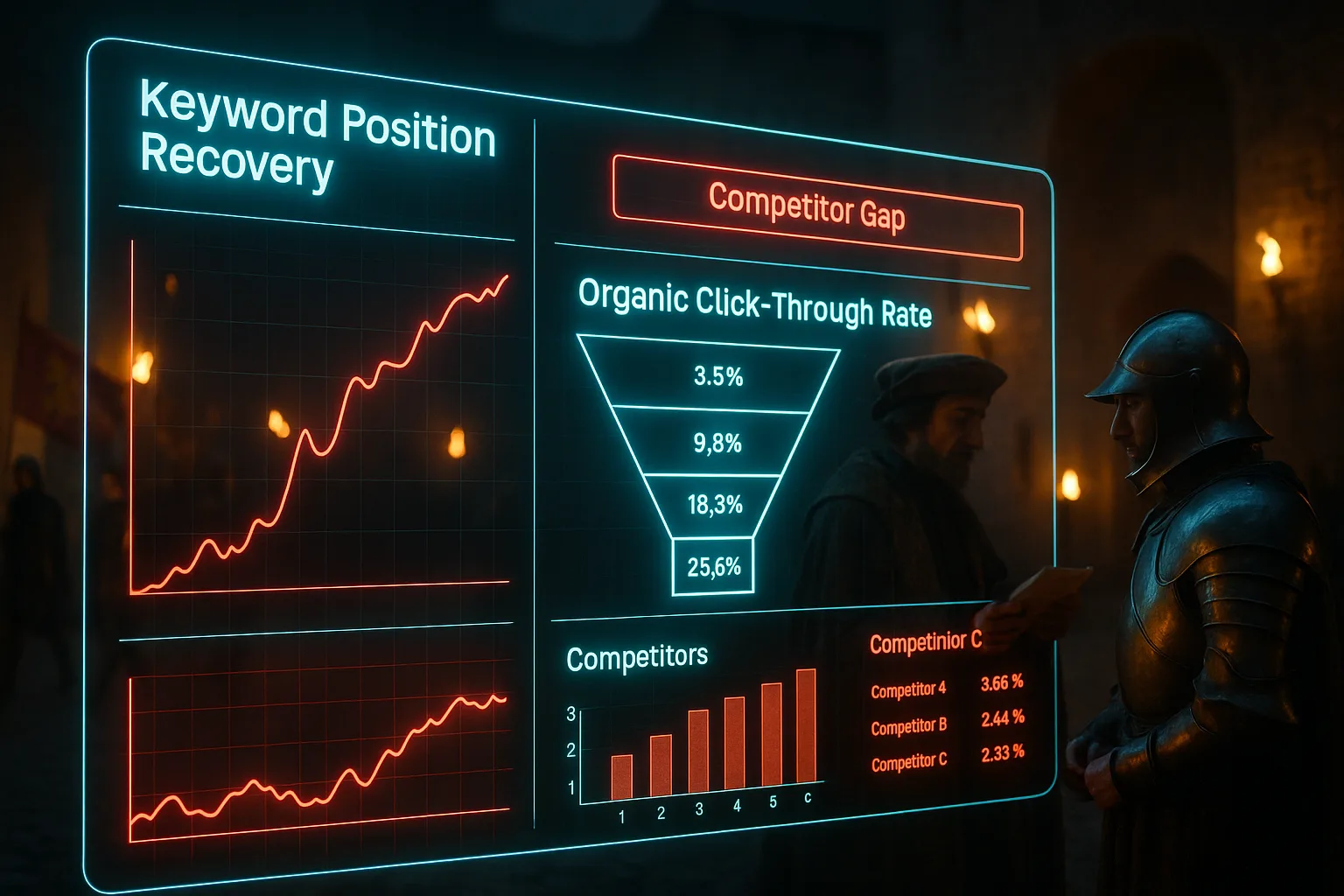 A bold red and cyan neon search-ranking recovery dashboard dominates the foreground, with a knight consulting a herald in a softly lit medieval castle courtyard blurred behind the glowing screens.
