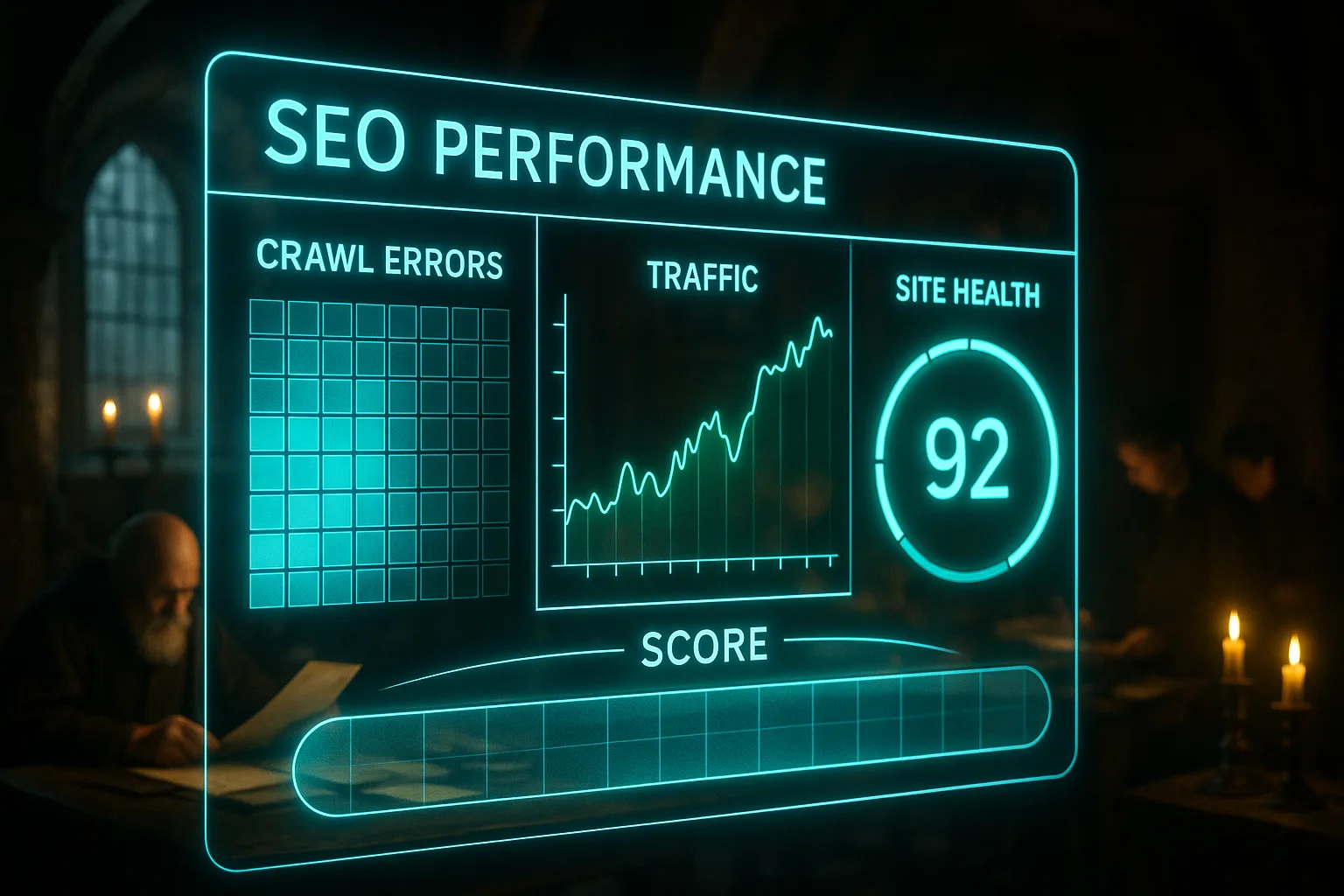 A glowing neon holographic dashboard visualising website SEO performance metrics floats in front of a softly blurred medieval guild hall where craftspeople work by candlelight.