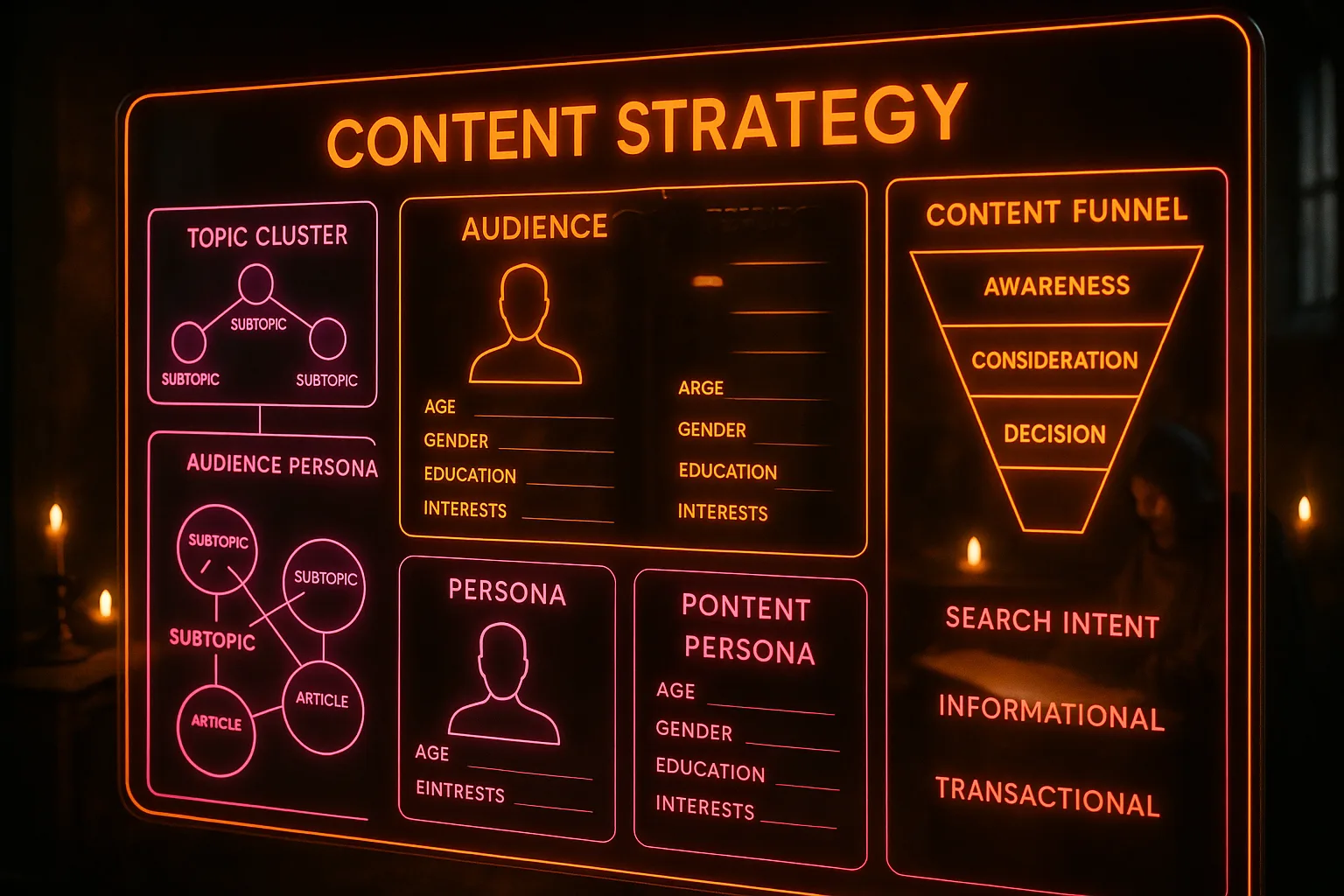 A neon holographic dashboard glowing in magenta and orange displays content strategy maps and audience persona cards, with a softly blurred medieval scriptorium visible behind two monks copying ledgers by candlelight.