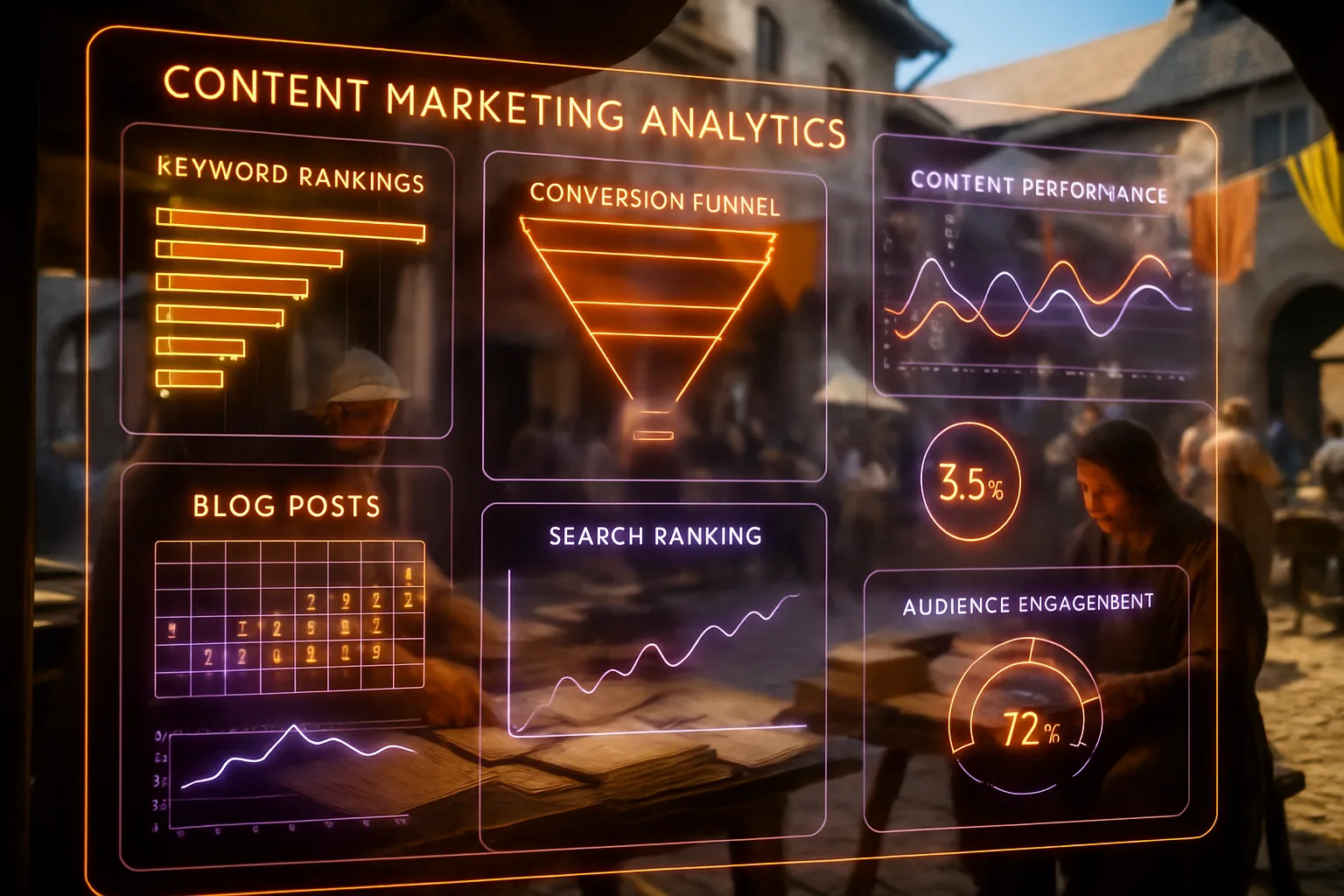 A neon holographic analytics dashboard glowing in amber and violet illustrates accounting firm content marketing strategy with ranking and conversion metrics.