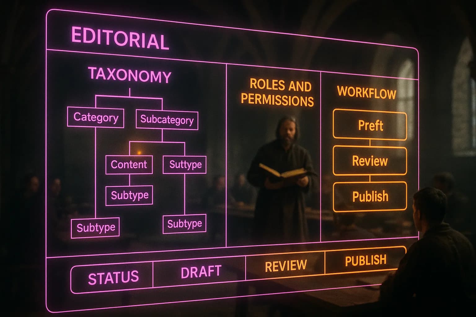 A magenta and orange neon holographic editorial dashboard glows in the foreground while a blurred medieval guild hall scene shows a craftsman presenting a ledger to apprentices.