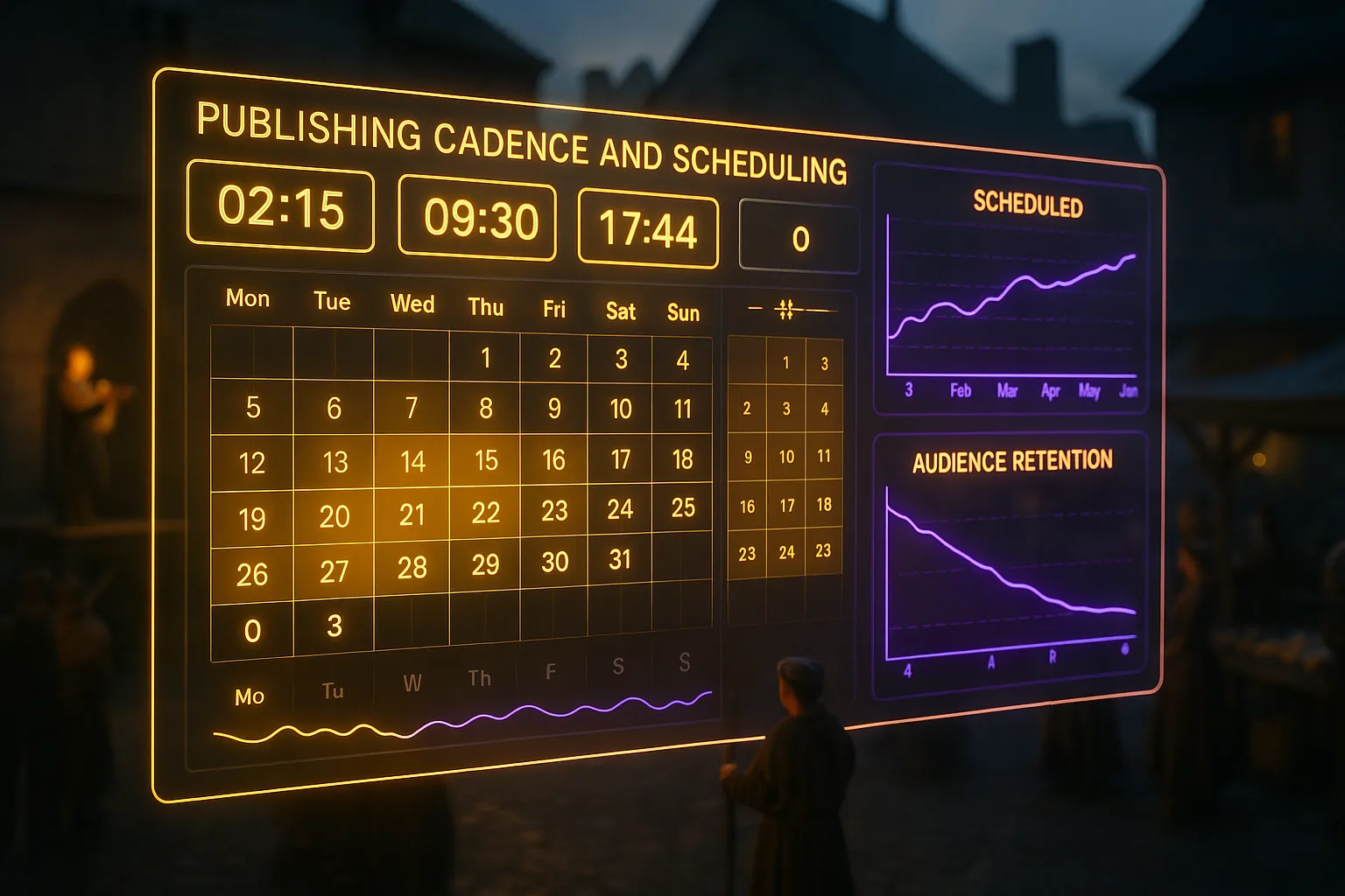 A yellow and purple neon holographic scheduling dashboard fills the frame with calendar grids and trend lines while a blurred medieval market square shows a town crier addressing a crowd.