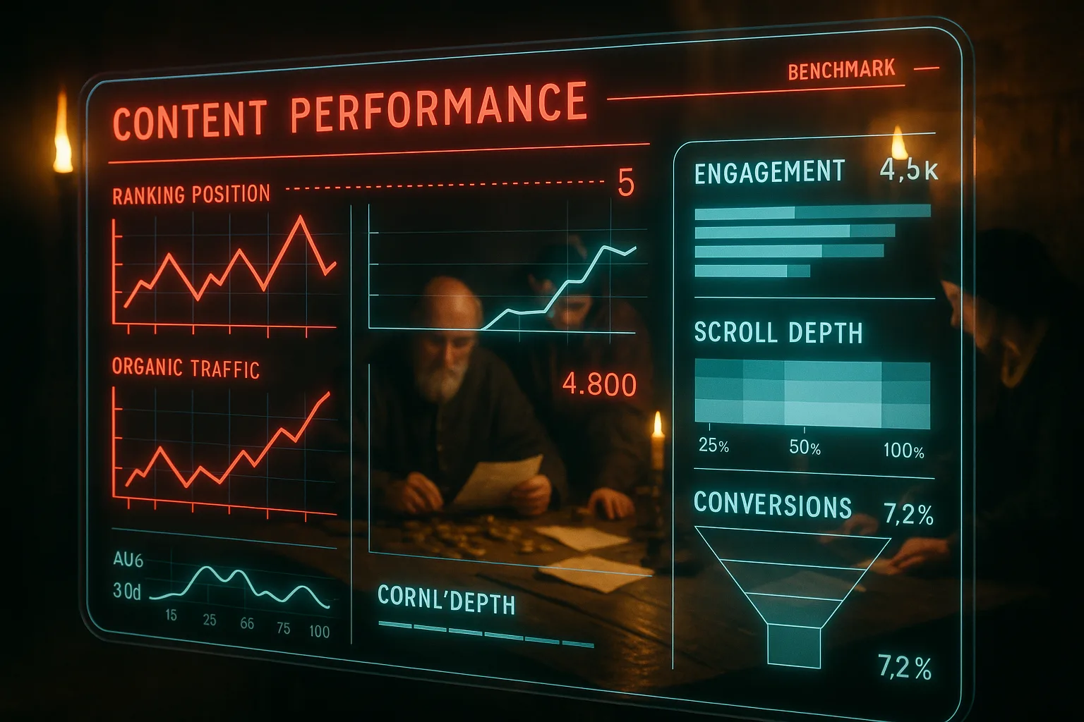 A red and cyan neon holographic performance measurement dashboard dominates the frame with ranking charts and traffic graphs while a blurred medieval royal treasury scene shows advisors reviewing tallied scrolls.