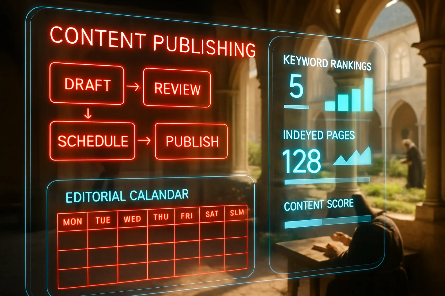 A neon holographic content publishing workflow dashboard glowing in red and cyan, set against a bright sunlit medieval monastery garden.